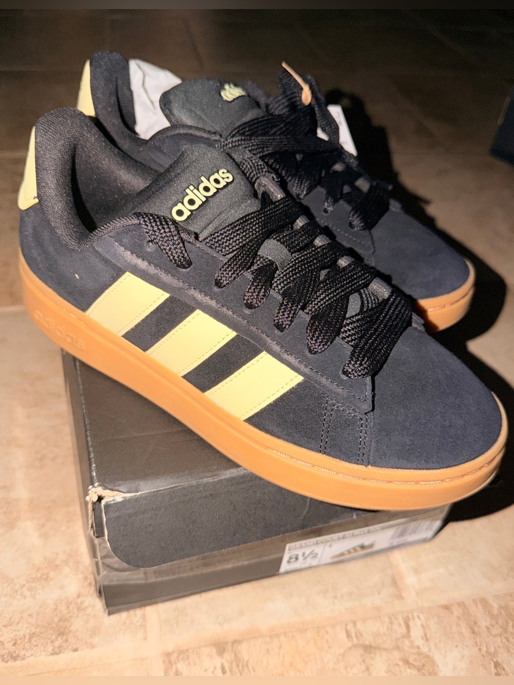 adidas Women’s Grand Court Alphas in Black and yellow w/ gum bottom sole.